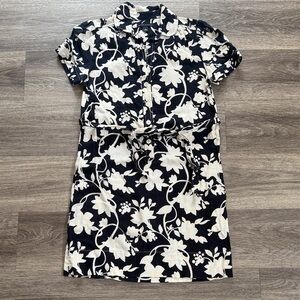 Banana Republic Navy and White Floral Button Down Mini Dress 6 Linen Casual
